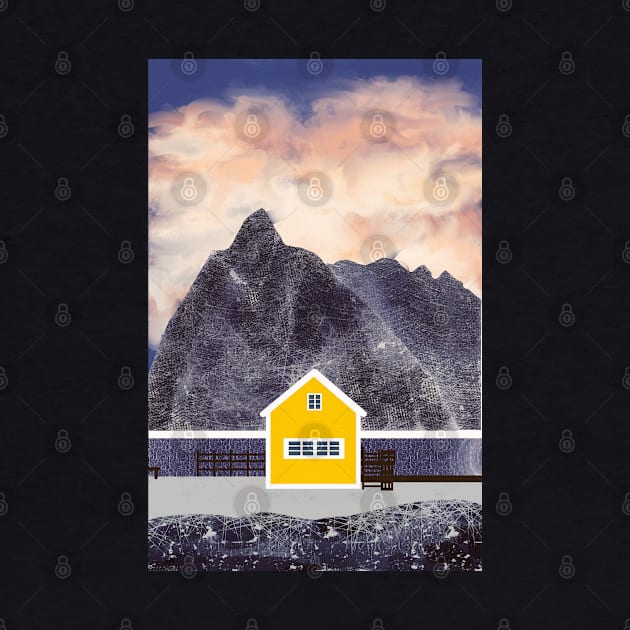 Yellow Little cabin in Norway Sakrisoy island In the dark by Mimie20